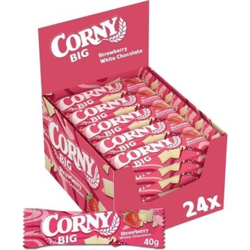 CORNY BIG Strawberry White Chocolate 24×40g avec céréales complètes, fraises et chocolat blanc