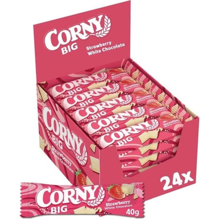 CORNY BIG Strawberry White Chocolate 24×40g avec céréales complètes, fraises et chocolat blanc