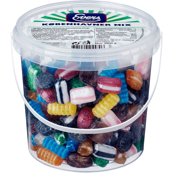 Evers Københavner Mix Display 1kg avec bonbons danois fruités, caramel, réglisse et menthe