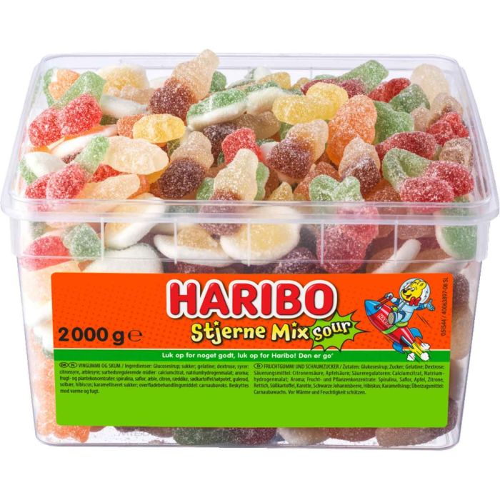 Haribo Stjerne Mix Sour 2 kg avec assortiment de bonbons acidulés aux fruits et morceaux de guimauve