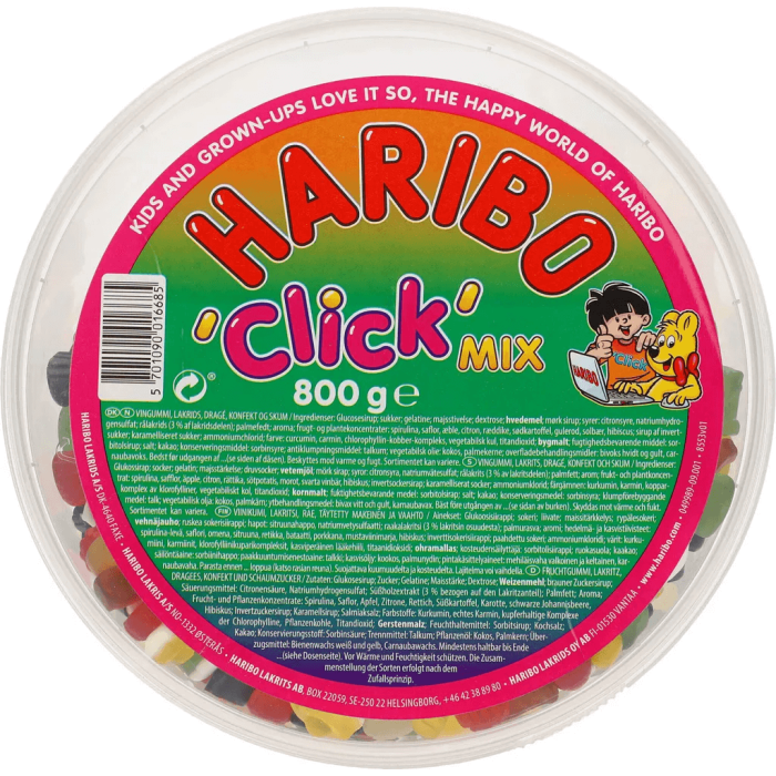 Haribo Click Mix 800g sachet avec bonbons gélifiés, guimauves, réglisses et dragées