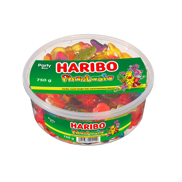 Haribo Phantasia 750g boîte avec bonbons gélifiés colorés et guimauves